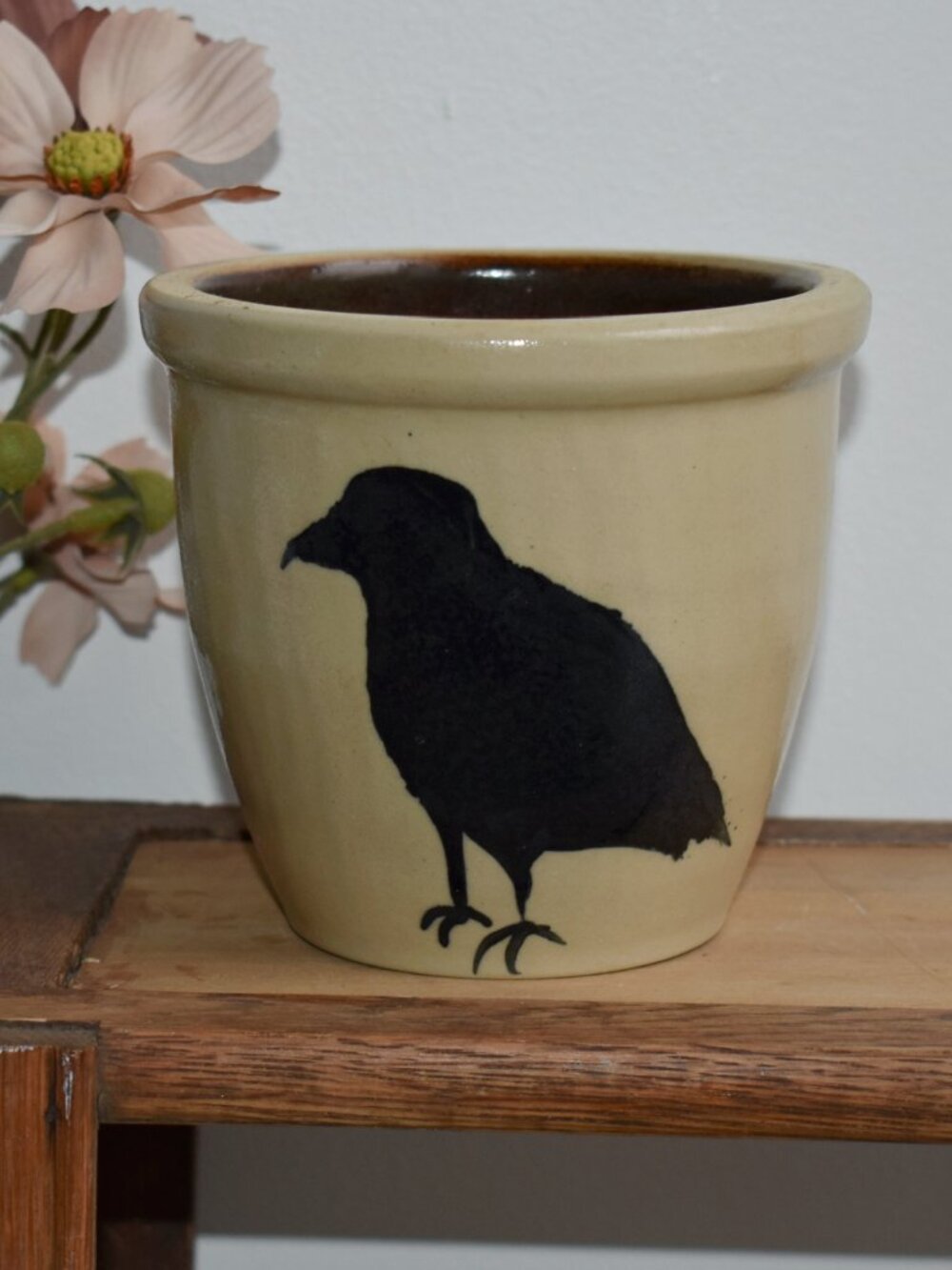 Vintage Folk Art Crow Stoneware Crock Rustic Primitive Country Farmhouse Decor